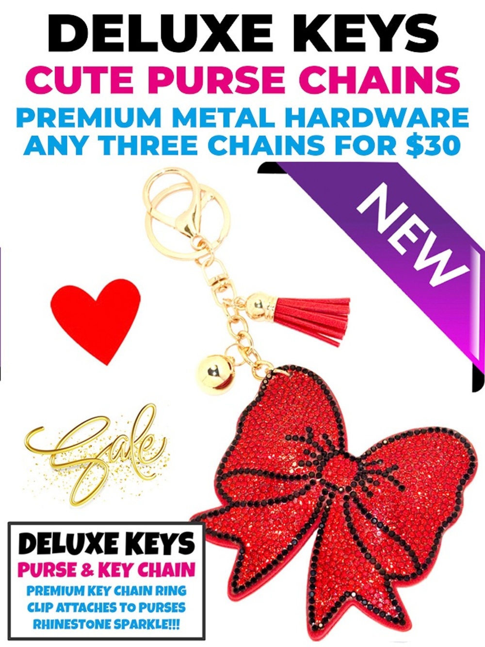 DeLuxe Keys Rhinestone Keychain/Purse Chain RED FANCY BOW